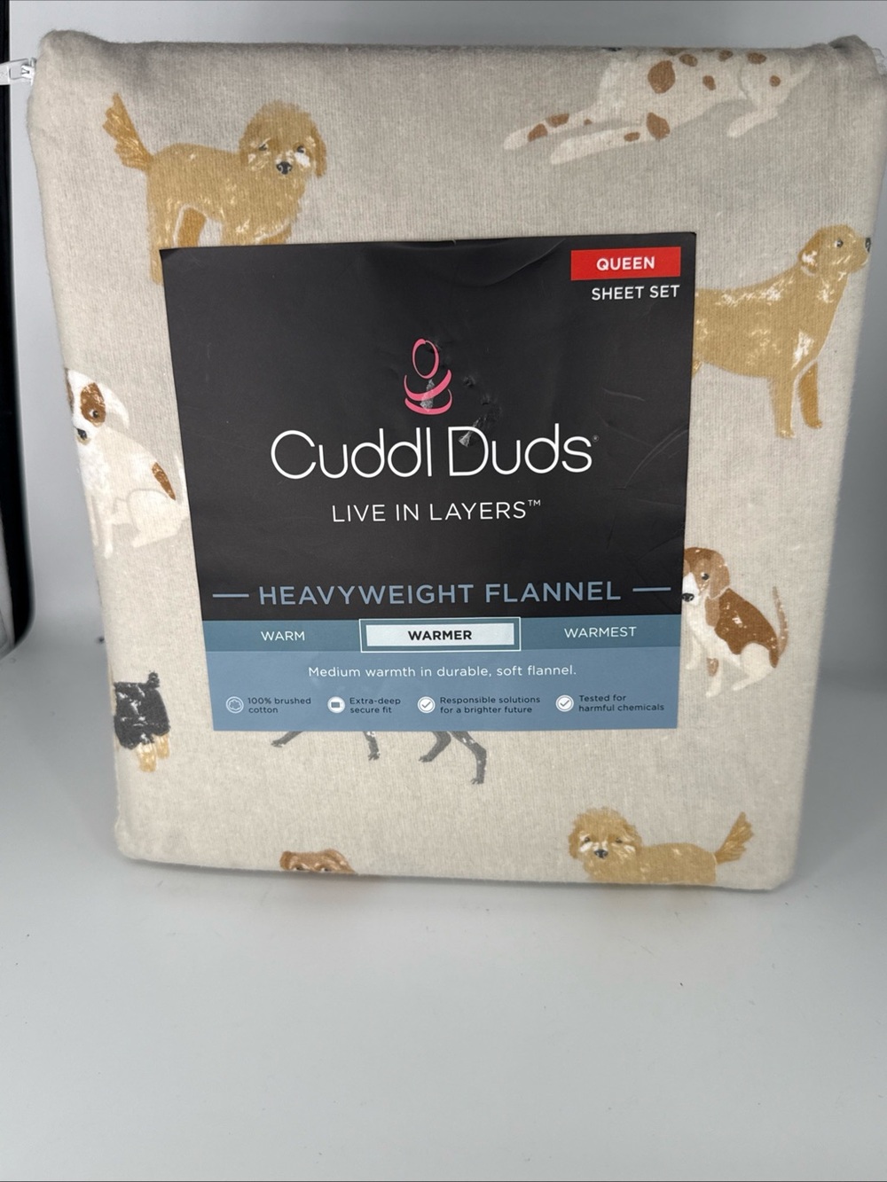 $90 Cuddl Duds Flannel DOG Doodle QUEEN Sheet Set Neutral Dogs Print 17"Deep NEW